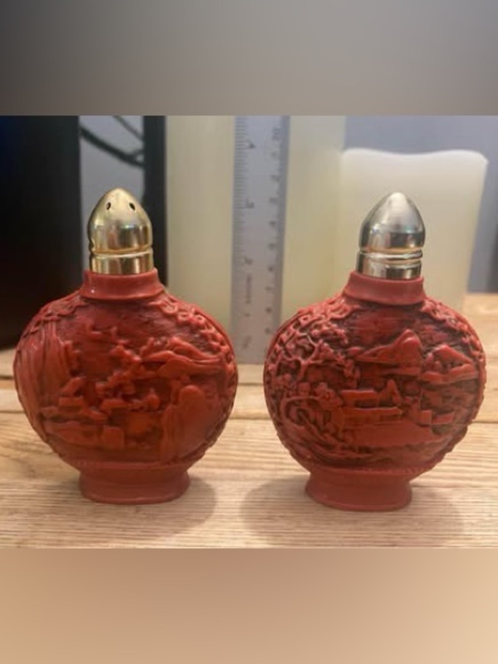 Vintage Asian Faux Cinnabar Lacquerware Style Salt & Pepper Shakers Brass Tops